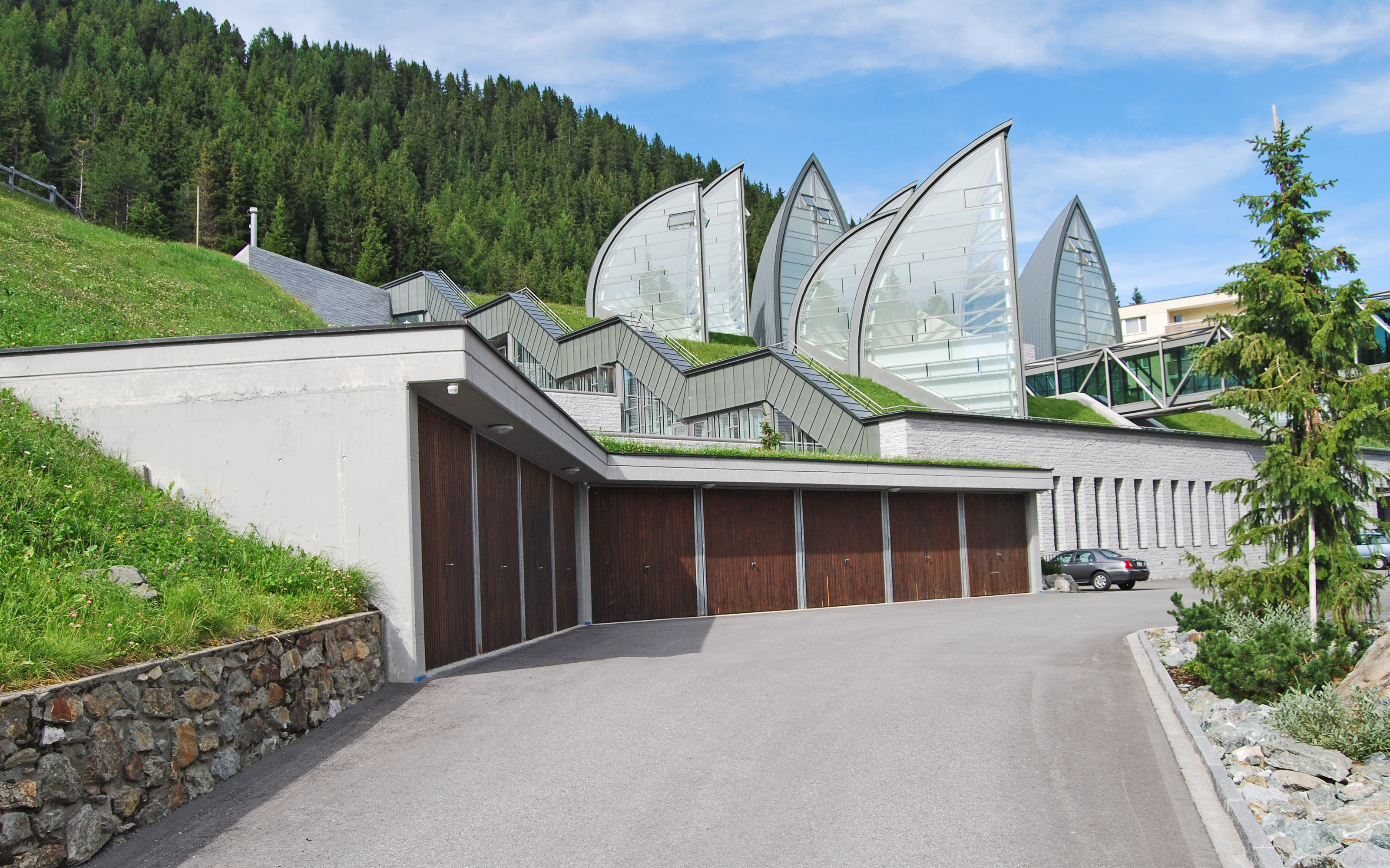 Pitched green roof with lawn and sail-shaped skylights